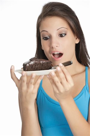 simsearch:400-04637126,k - Beautiful Caucasian woman eating a slice of chocolate cake Foto de stock - Royalty-Free Super Valor e Assinatura, Número: 400-05172773