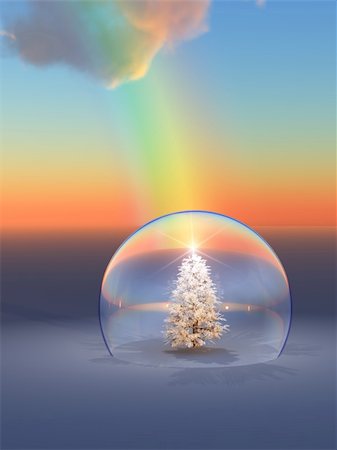 A fantasy horizon background with a snowy christmas tree under a snow globe under a rainbow. Photographie de stock - Aubaine LD & Abonnement, Code: 400-05184143