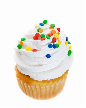 A single cupcake heaped with icing and colorful candy sprinkles.  Shot on white background. Stock Photo - Budget Royalty-Free & Subscription, Code: 400-05184779