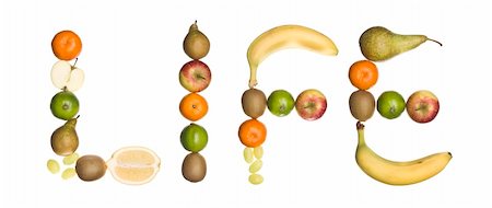 The word 'Life' made out of fruit isolated on a white background Stock Photo - Budget Royalty-Free & Subscription, Code: 400-05184840