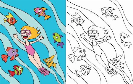 school fish illustration - Female snorkeling under the sea exploring the beauty of the ocean fish, plants and other sea life - color and black/white versions. Stock Photo - Budget Royalty-Free & Subscription, Code: 400-05186616