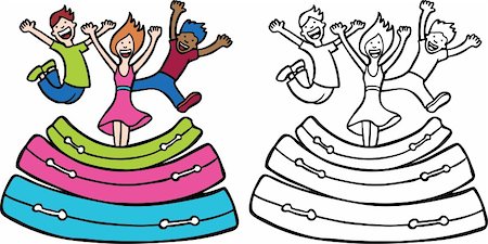 Cartoon image of kids bouncing on air mattresses - both color and black / white versions. Stock Photo - Budget Royalty-Free & Subscription, Code: 400-05186642