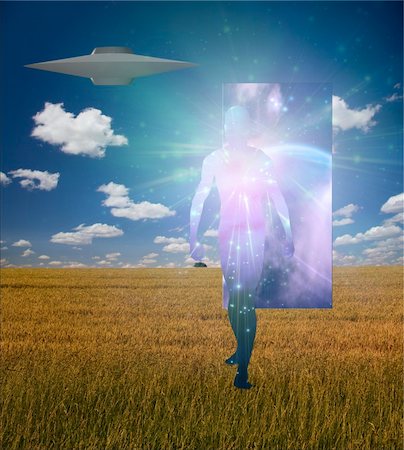 Man Emerges from doorway in landscape accompained by alien craft Stock Photo - Budget Royalty-Free & Subscription, Code: 400-05187045