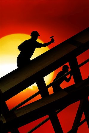 roof hammer - two workers on a roof top with sunset Stock Photo - Budget Royalty-Free & Subscription, Code: 400-05187772