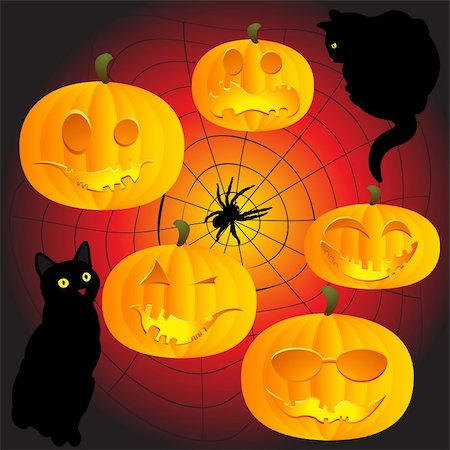group of halloween pumpkins, black cats and spider web! Fotografie stock - Microstock e Abbonamento, Codice: 400-05188007