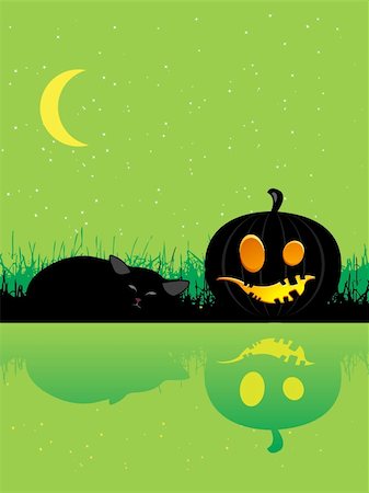 simsearch:400-05188012,k - Halloween pumpkin and cat, sleeping under the moon, vector illustration for your design. Fotografie stock - Microstock e Abbonamento, Codice: 400-05188018