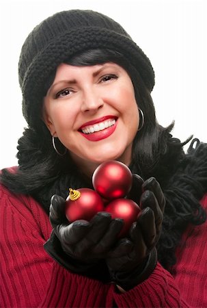 Attractive Woman Holding Red Ornaments Isolated on a White Background. Stock Photo - Budget Royalty-Free & Subscription, Code: 400-05188080