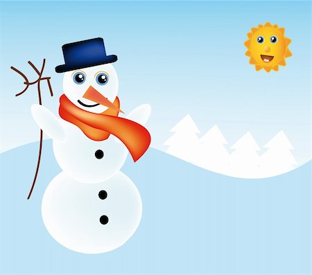 snowmen backgrounds - nice illustration of snowman with nice winter landscape Stock Photo - Budget Royalty-Free & Subscription, Code: 400-05188099
