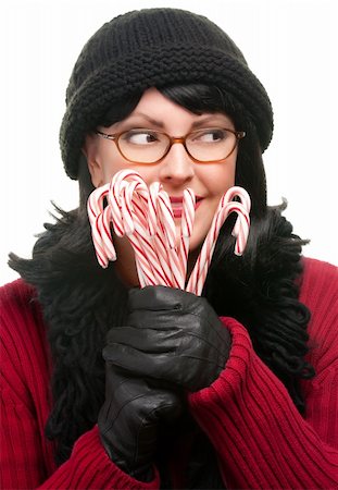 simsearch:400-05217778,k - Pretty Woman Holding Candy Canes Isolated on a White Background. Foto de stock - Super Valor sin royalties y Suscripción, Código: 400-05188647