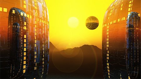 a sunrise between to alien science fiction dwellings and floating city. Stock Photo - Budget Royalty-Free & Subscription, Code: 400-05188906