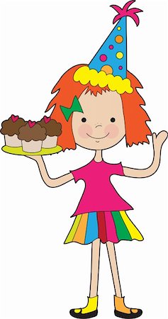 A little girl holds a tray full of cupcakes and wears a party hat Stock Photo - Budget Royalty-Free & Subscription, Code: 400-05181608