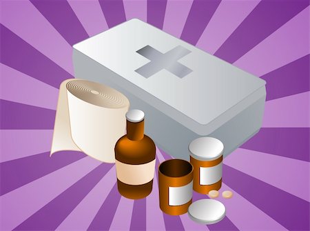 First aid kit and its contents including pills and bandages, illustration Stock Photo - Budget Royalty-Free & Subscription, Code: 400-05182422
