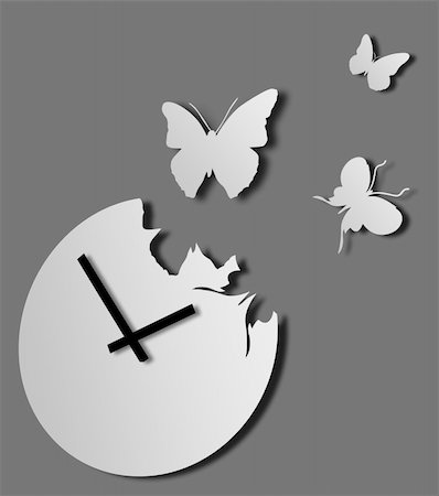 Illustration of grey clock with flying away butterflies Stock Photo - Budget Royalty-Free & Subscription, Code: 400-05182741