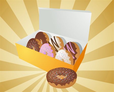 Box of assorted donuts illustration on radial burst Stock Photo - Budget Royalty-Free & Subscription, Code: 400-05182997