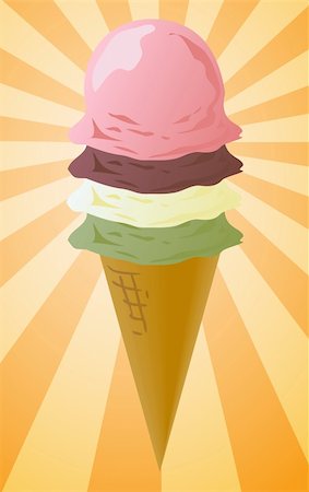 simsearch:400-05677337,k - Ice cream cone illustration, three scoops on radial burst background Photographie de stock - Aubaine LD & Abonnement, Code: 400-05183457