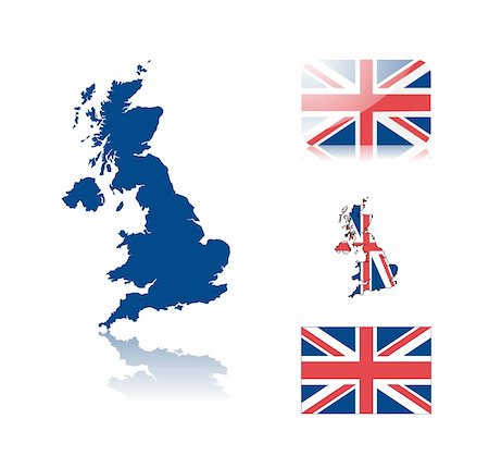 British map including: map with reflection, map in flag colors, glossy and normal flag of United kingdom. Stock Photo - Budget Royalty-Free & Subscription, Code: 400-05194966