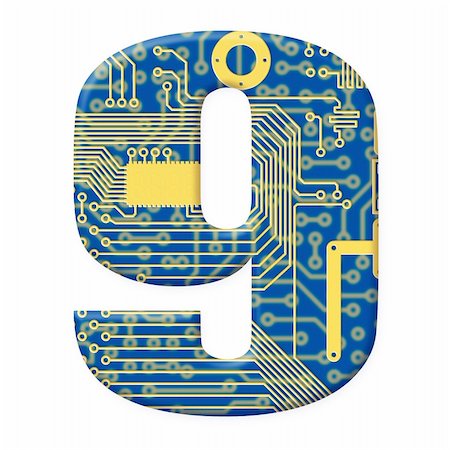 electromechanical - One digit from the electronic technology circuit board alphabet on a white background - 9 Foto de stock - Super Valor sin royalties y Suscripción, Código: 400-05195474