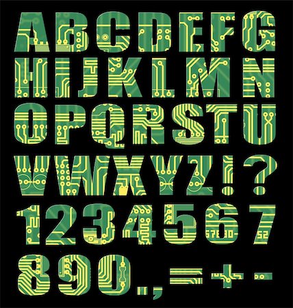 electricity humor - Electronic alphabet with letters and digits from circuit board on black background Stock Photo - Budget Royalty-Free & Subscription, Code: 400-05195637