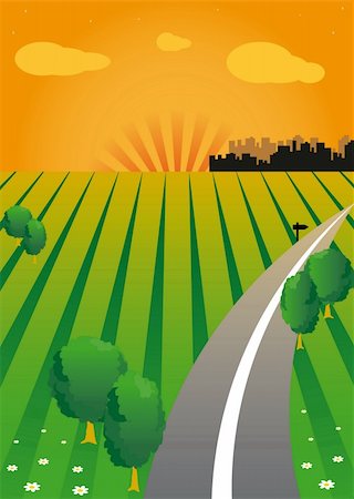 Vector sunset and the green valley. Road. The contours of the city on the horizon. Stock Photo - Budget Royalty-Free & Subscription, Code: 400-05195671