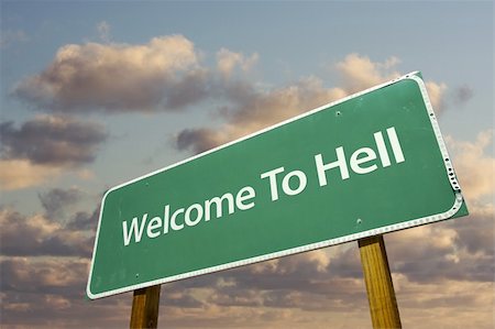 Welcome To Hell Green Road Sign with dramatic clouds and sky. Stock Photo - Budget Royalty-Free & Subscription, Code: 400-05196320