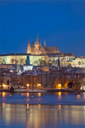 prague bridge - prague in winter - charles bridge and hradcany castle at dusk Stock Photo - Budget Royalty-Free & Subscription, Code: 400-05197510