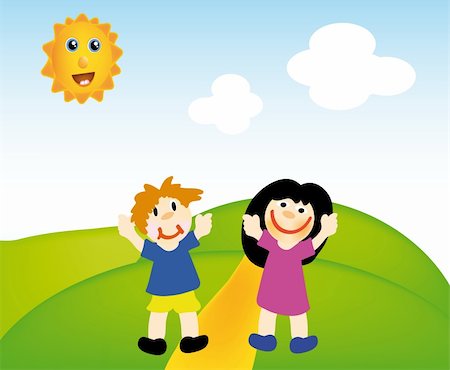 nice illustration of  kids in nice landscape with sun Stock Photo - Budget Royalty-Free & Subscription, Code: 400-05190370
