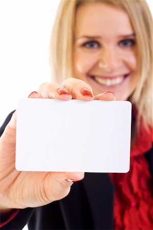 simsearch:400-04648812,k - attractive businesswoman holding a blank card over white Stock Photo - Budget Royalty-Free & Subscription, Code: 400-05192168