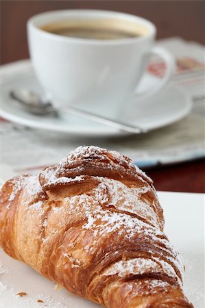 full breakfast - Morning coffee with freshly baked croissant and newspaper Stock Photo - Budget Royalty-Free & Subscription, Code: 400-05193609