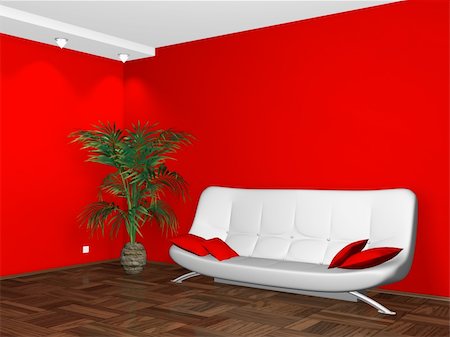 Interior design of modern white couch on red wall background Stock Photo - Budget Royalty-Free & Subscription, Code: 400-05204276