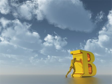 golden man figure pushes the letter B under cloudy blue sky  - 3d illustration Photographie de stock - Aubaine LD & Abonnement, Code: 400-05204324