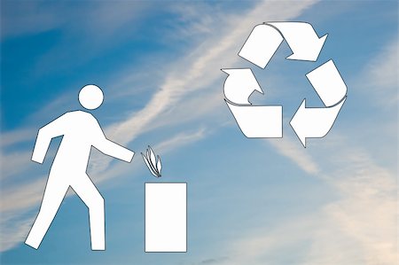 A white recycle symbol is set against a blue sky and a white silhouette of a man throwing away rubbish. Fotografie stock - Microstock e Abbonamento, Codice: 400-05205655