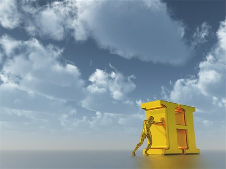 golden man figure pushes the letter h under cloudy blue sky  - 3d illustration Photographie de stock - Aubaine LD & Abonnement, Code: 400-05206396