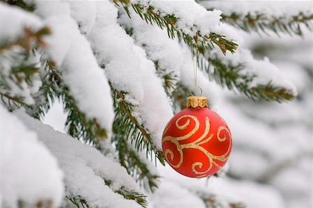 simsearch:400-07114074,k - Christmas decorating bulbs and a snowy branch Stock Photo - Budget Royalty-Free & Subscription, Code: 400-05208749