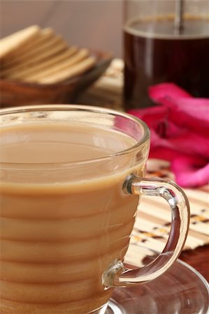 Glass cup with white coffee and french press Stock Photo - Budget Royalty-Free & Subscription, Code: 400-05209671