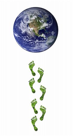 Footprints made up of green leaves leading up to earth to represent environmetal issues or carbon footprint. Water photo from Nasa. Stock Photo - Budget Royalty-Free & Subscription, Code: 400-05202148