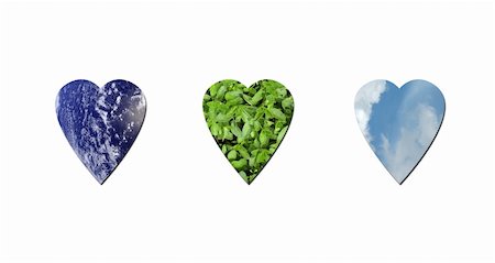 Hearts made up of the three elements: green leaves, water and sky to represent environmetal issues or carbon footprint. Water photo from Nasa. Fotografie stock - Microstock e Abbonamento, Codice: 400-05202158