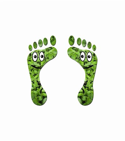 Footprints made up of green leaves to represent environmetal issues or carbon footprint with cartoon style smiling face on top. Stock Photo - Budget Royalty-Free & Subscription, Code: 400-05202174