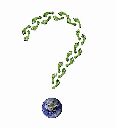 Question mark made up of footprints made out of green leaves to represent environmetal issues or carbon footprint. Earth picture from NASA. Stock Photo - Budget Royalty-Free & Subscription, Code: 400-05202173