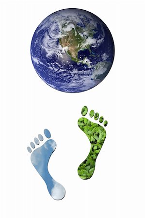 Footprints made up of green leaves and sky leading towards Earth to represent environmetal issues or carbon footprint. Earth photo from Nasa. Stock Photo - Budget Royalty-Free & Subscription, Code: 400-05202199