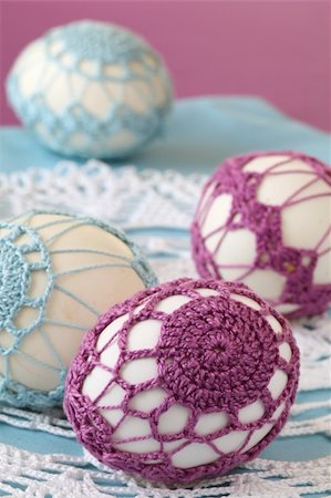 Easter eggs with beautiful purple and blue crochet decoration Stock Photo - Budget Royalty-Free & Subscription, Code: 400-05203661