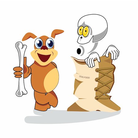 dog fear surprise - Vector of a dog holding a bone with a skeleton in a dog food bag along side. Stock Photo - Budget Royalty-Free & Subscription, Code: 400-05203936
