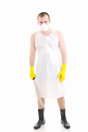 rubber hand gloves - Young man with big knife over white Stock Photo - Budget Royalty-Free & Subscription, Code: 400-05216868