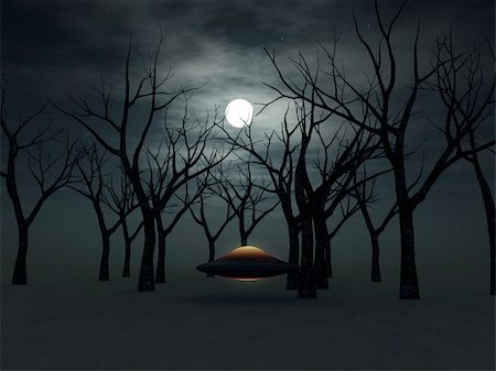dark moon with clouds - A UFO hovering in a forest. Stock Photo - Budget Royalty-Free & Subscription, Code: 400-05217307