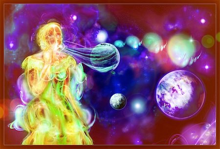 Young woman blowing soap bubbles in space. Bubbles grow into planets. Act of creation Stock Photo - Budget Royalty-Free & Subscription, Code: 400-05217989