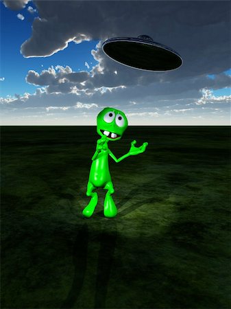 simsearch:400-06091348,k - A little green alien with a UFO flying overhead Photographie de stock - Aubaine LD & Abonnement, Code: 400-05218797