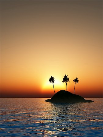 Illustration of a tiny tropical Island with three coconut trees against a sunset. Stock Photo - Budget Royalty-Free & Subscription, Code: 400-05219228