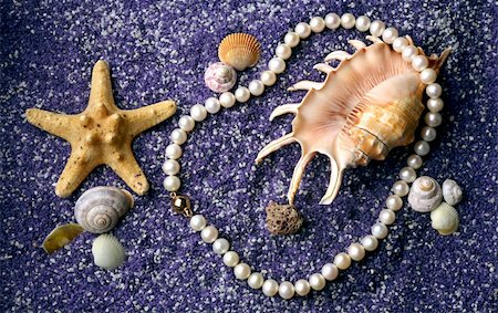 simsearch:400-07758089,k - Pearl necklace with sea shell and starfishes on lilac sand background Photographie de stock - Aubaine LD & Abonnement, Code: 400-05219717