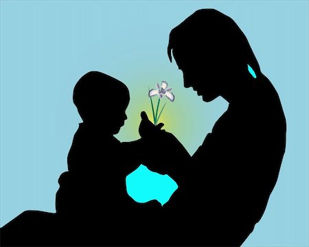 Silhouette of mother and the child with a flower in hands on a blue background Photographie de stock - Aubaine LD & Abonnement, Code: 400-05219760