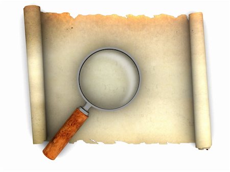 3d illustration of old paper scroll and magnify glass Stock Photo - Budget Royalty-Free & Subscription, Code: 400-05210188