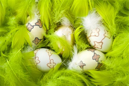 fastof (artist) - Easter eggs of light tones lay in green feathers Stock Photo - Budget Royalty-Free & Subscription, Code: 400-05210838
